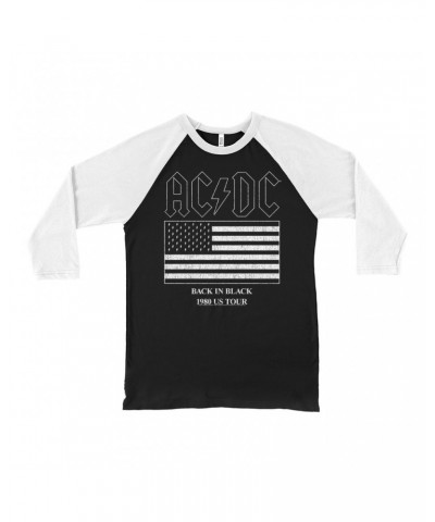 AC/DC 3/4 Sleeve Baseball Tee | Back In Black Flag Tour 1980 Distressed Shirt $11.68 Shirts